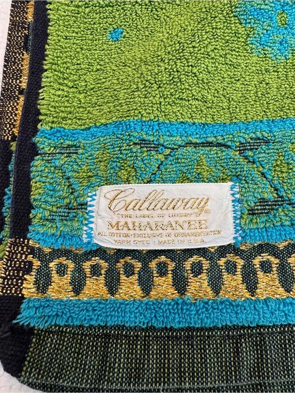 Vintage Callaway 3 pc bath towel hand towel set 60’s 70’s MCM blue green gold